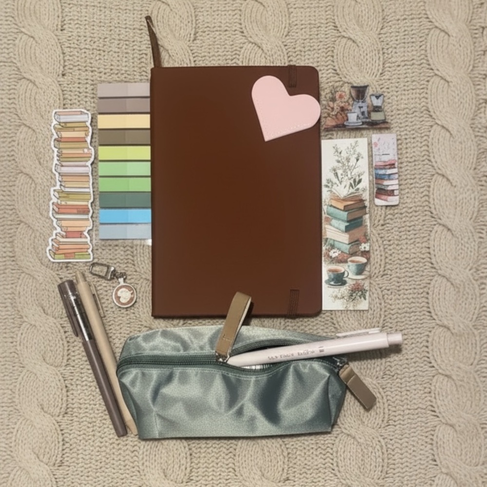 Brown Leather-Look Notebook with Pastel Accessories